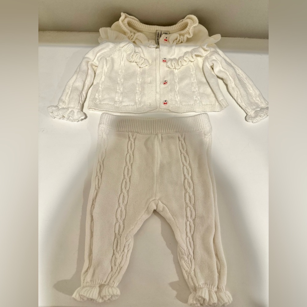 Janie and Jack Ivory Cable Knit Sweater Set with Cherry Buttons and Ruffles